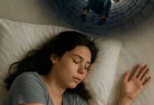 امرأة نائمة تحلم بأنها تسقط في بئر