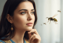 صورة تُظهر امرأة شابة ذات شعر داكن وتعبير متفكر، تحيط بها بشكل خفي دبابير أثيرية، في إشارة إلى حالة حالمة وموضوعات التفسير لمقال عن أحلام الدبابير لدى النساء العازبات والمتزوجات.