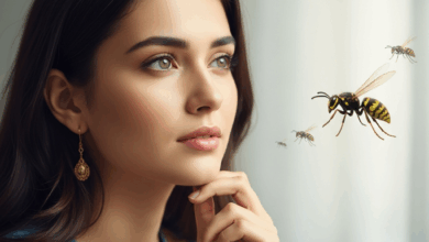 صورة تُظهر امرأة شابة ذات شعر داكن وتعبير متفكر، تحيط بها بشكل خفي دبابير أثيرية، في إشارة إلى حالة حالمة وموضوعات التفسير لمقال عن أحلام الدبابير لدى النساء العازبات والمتزوجات.