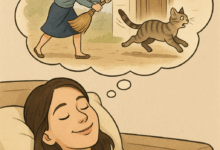 امرأة نائمة تحلم بطرد قطة من بيتها باستخدام مكنسة، تعبيرًا عن الانتصار على المشاكل أو الأشخاص المزعجين.