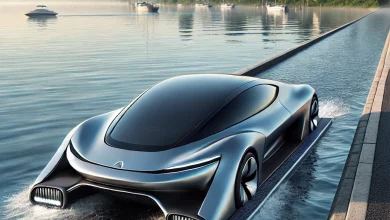سيارة مستقبلية في مرحلة الانتقال بين الطريق والماء، مما يبرز قدراتها البرمائية.