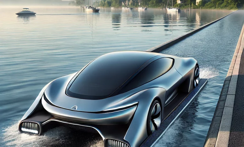 سيارة مستقبلية في مرحلة الانتقال بين الطريق والماء، مما يبرز قدراتها البرمائية.