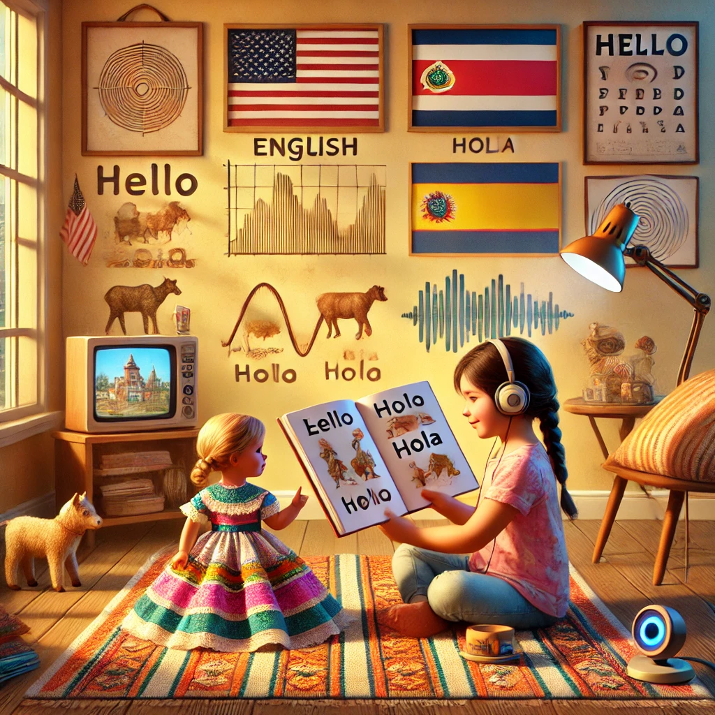 طفلة صغيرة تجلس على سجادة ملونة في غرفة دافئة، تحمل كتابًا مفتوحًا يحتوي على حروف إنجليزية ورسوم حيوانات مزرعة على الصفحة اليسرى، وكلمات إسبانية مع رسوم مماثلة على الصفحة اليمنى. خلفها رف خشبي يحتوي على دمية تقليدية كوستاريكية، علم الولايات المتحدة، وقلم على شكل جسر يربط كلمتي 'Hello' و 'Hola'. الجدار الخلفي يحتوي على شاشة رقمية تعرض موجات صوتية وأشكال مجردة، مع كاميرا صغيرة تمثل تقنية تتبع العين. يد أم تمسك فنجان قهوة وتشير إلى صور الكتاب. الألوان دافئة تتراوح بين الذهبي والبرتقالي والأزرق الفاتح مع إضاءة نهارية من نافذة صغيرة.