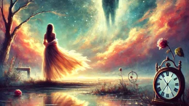 رسم فني حالم لفتاة عزباء تقف بجوار بحيرة هادئة ليلاً، تتأمل طيف حبيبها السابق المتلاشي في السماء، تحيط بها رموز الحب والذكريات مثل ورود ذابلة وساعات مكسورة، في مشهد رمزي يعبر عن رحلة داخل النفس والذاكرة.