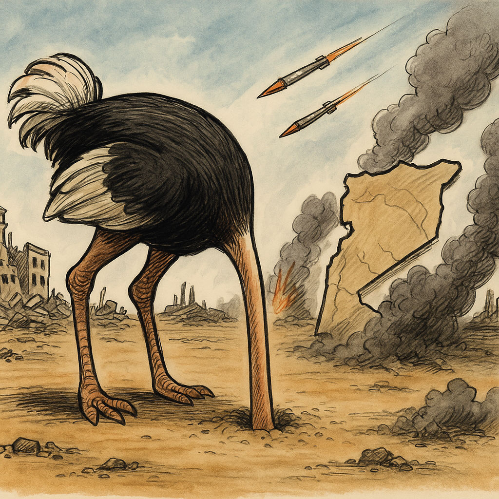 رسم كاريكاتوري سياسي يُصوّر نعامًة تدفن رأسها في الرمل وسط مشهد مدمر يمثل العالم العربي. تظهر من حولها خرائط متشققة، مبانٍ مهدمة، ودخان يتصاعد من الانفجارات، بينما تطير الصواريخ في السماء. الصورة ترمز إلى سياسة التهرب والإنكار التي تنتهجها الأنظمة العربية تجاه الأزمات المحيطة، في وقت يعمّ فيه الخراب من كل الاتجاهات.