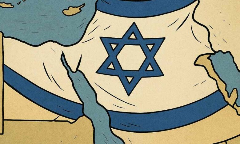 الصورة تعرض خريطة للشرق الأوسط وشمال أفريقيا، وعليها يظهر علم إسرائيل (نجمة داود زرقاء بين خطين أفقيين أزرقين على خلفية بيضاء) وكأنه يغطي جزءًا كبيرًا من المنطقة، بما في ذلك أراضي إسرائيل والدول المجاورة.