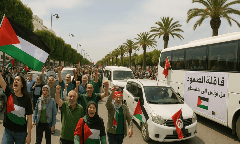 مشهد بانورامي لقافلة الصمود التونسية، تُظهر الحافلات والمشاركين المغاربيين يرفعون أعلام فلسطين، في طريقهم الرمزي نحو غزة تضامنًا مع الشعب الفلسطيني.
