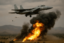 مقاتلة إسرائيلية من طراز F-15 تطلق صواريخ خلال غارة جوية، بينما تتصاعد ألسنة اللهب والانفجارات في الخلفية، ما يجسد لحظة درامية من الهجوم الإسرائيلي على إيران في 13 يونيو 2025.