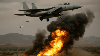 مقاتلة إسرائيلية من طراز F-15 تطلق صواريخ خلال غارة جوية، بينما تتصاعد ألسنة اللهب والانفجارات في الخلفية، ما يجسد لحظة درامية من الهجوم الإسرائيلي على إيران في 13 يونيو 2025.