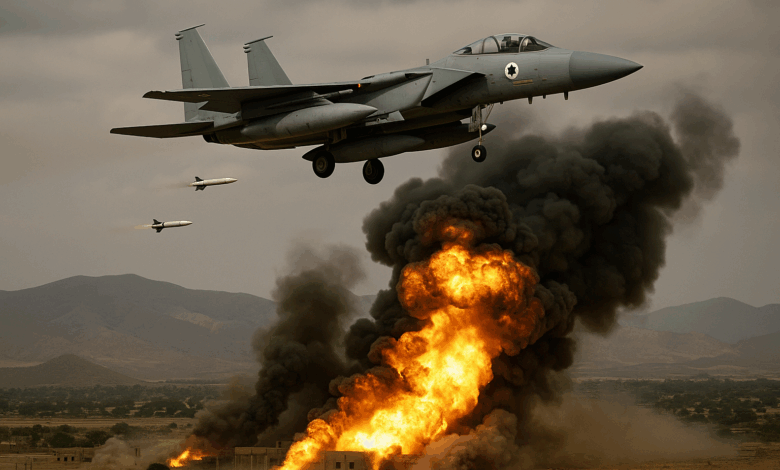 مقاتلة إسرائيلية من طراز F-15 تطلق صواريخ خلال غارة جوية، بينما تتصاعد ألسنة اللهب والانفجارات في الخلفية، ما يجسد لحظة درامية من الهجوم الإسرائيلي على إيران في 13 يونيو 2025.