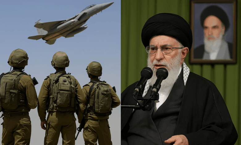جنود إسرائيليون يراقبون طائرة مقاتلة أثناء تحليقها، وفي الجهة المقابلة يظهر المرشد الأعلى الإيراني علي خامنئي يلقي خطابًا حاد اللهجة، وخلفه صورة للخميني، في مشهد يعكس تصاعد التوتر بين إسرائيل وإيران.