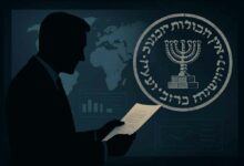 تُظهر الصورة الظلية لرجل يرتدي بدلة ورابطة عنق وهو يقرأ وثيقة أو أوراقًا، ويظهر وجهه في الظل. على خلفية زرقاء داكنة، يوجد شعار كبير دائري الشكل يضم الشمعدان اليهودي (المينوراه) محاطًا بكتابة باللغة العبرية. تظهر أيضًا خريطة عالمية باهتة على الخلفية، بالإضافة إلى رسوم بيانية ومخططات إحصائية، مما يوحي بتحليل البيانات أو المعلومات الاستخباراتية. الأجواء العامة للصورة توحي بالجدية والسرية.