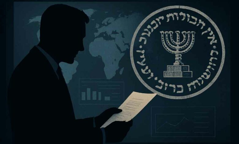 تُظهر الصورة الظلية لرجل يرتدي بدلة ورابطة عنق وهو يقرأ وثيقة أو أوراقًا، ويظهر وجهه في الظل. على خلفية زرقاء داكنة، يوجد شعار كبير دائري الشكل يضم الشمعدان اليهودي (المينوراه) محاطًا بكتابة باللغة العبرية. تظهر أيضًا خريطة عالمية باهتة على الخلفية، بالإضافة إلى رسوم بيانية ومخططات إحصائية، مما يوحي بتحليل البيانات أو المعلومات الاستخباراتية. الأجواء العامة للصورة توحي بالجدية والسرية.