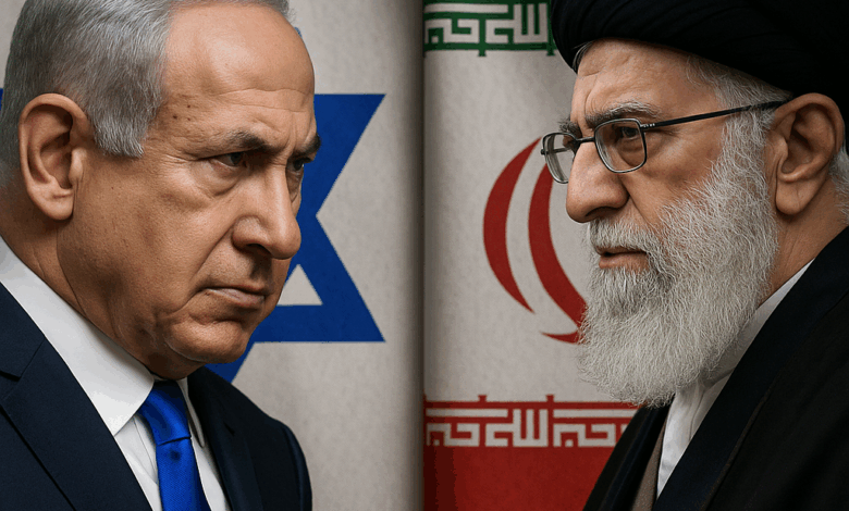 صورة تُظهر رئيس الوزراء الإسرائيلي بنيامين نتنياهو والمرشد الأعلى الإيراني علي خامنئي وجهاً لوجه بنظرات متوترة، وخلف كل منهما علم بلاده، في تجسيد رمزي لتصاعد التوتر والصراع بين إسرائيل وإيران.