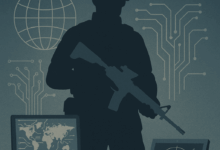 صورة رقمية تُجسّد ظلال جندي حديث محاط بعناصر من التكنولوجيا العسكرية المتقدمة، مثل الطائرات المسيّرة، الأقمار الصناعية، وشبكات البيانات، في مشهد يعكس مفهوم حروب الجيل الخامس حيث تتقاطع القوة العسكرية مع الذكاء الاصطناعي والحرب السيبرانية.