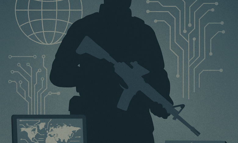 صورة رقمية تُجسّد ظلال جندي حديث محاط بعناصر من التكنولوجيا العسكرية المتقدمة، مثل الطائرات المسيّرة، الأقمار الصناعية، وشبكات البيانات، في مشهد يعكس مفهوم حروب الجيل الخامس حيث تتقاطع القوة العسكرية مع الذكاء الاصطناعي والحرب السيبرانية.