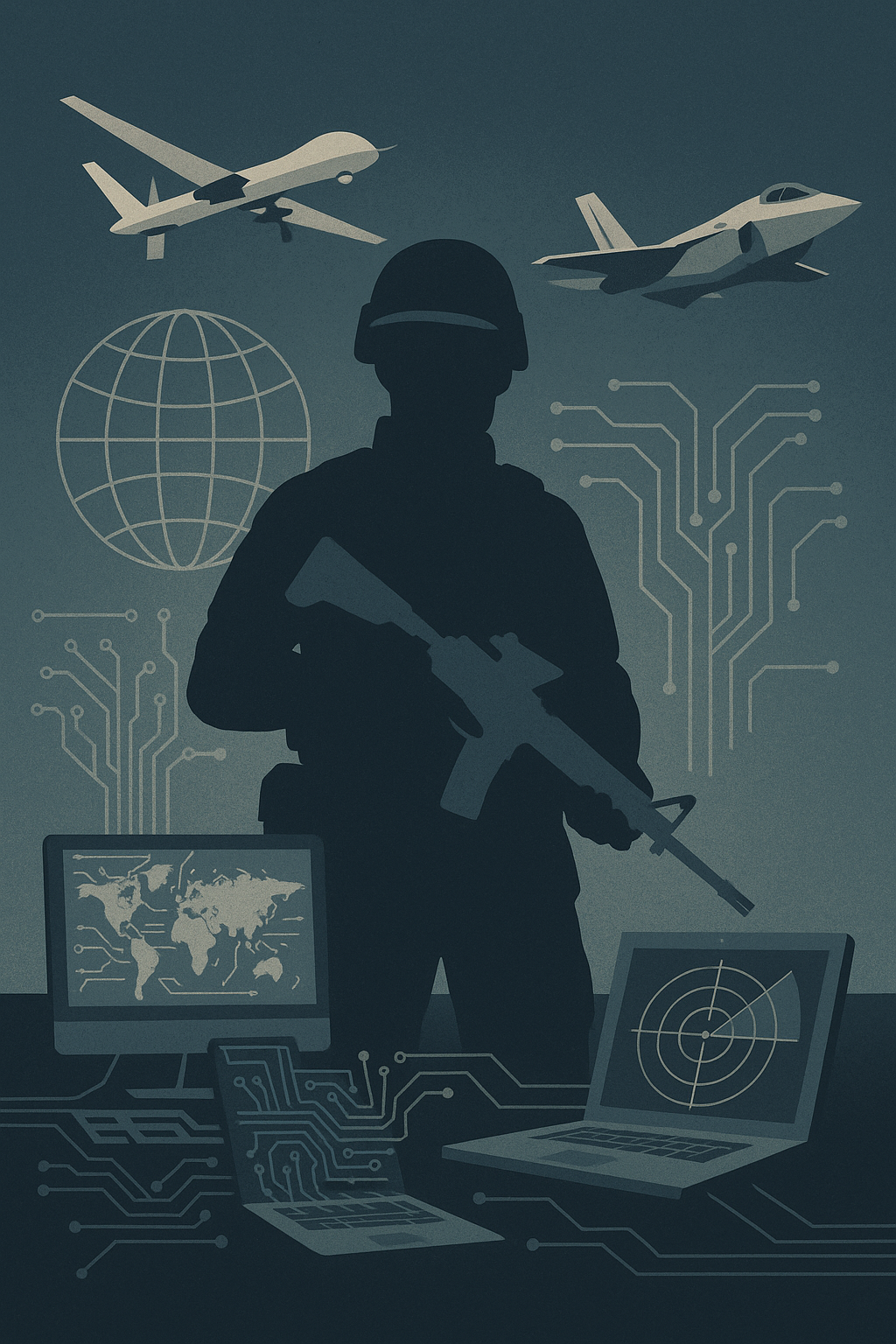 صورة رقمية تُجسّد ظلال جندي حديث محاط بعناصر من التكنولوجيا العسكرية المتقدمة، مثل الطائرات المسيّرة، الأقمار الصناعية، وشبكات البيانات، في مشهد يعكس مفهوم حروب الجيل الخامس حيث تتقاطع القوة العسكرية مع الذكاء الاصطناعي والحرب السيبرانية.