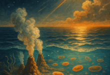 رسم رقمي تخيّلي يُجسّد اللحظات الأولى لنشأة الحياة على كوكب الأرض. تُظهر الصورة كوكب الأرض في مراحله البدائية، تغلّفه الغيوم البركانية وتغمره المحيطات البدائية، بينما تنبعث الحياة من الفتحات الحرارية في الأعماق. في الخلفية، تلوح الشمس بنورها الخافت، ويراقب القمر والمشتري من بعيد هذا الحدث الكوني الفريد.