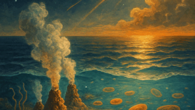 رسم رقمي تخيّلي يُجسّد اللحظات الأولى لنشأة الحياة على كوكب الأرض. تُظهر الصورة كوكب الأرض في مراحله البدائية، تغلّفه الغيوم البركانية وتغمره المحيطات البدائية، بينما تنبعث الحياة من الفتحات الحرارية في الأعماق. في الخلفية، تلوح الشمس بنورها الخافت، ويراقب القمر والمشتري من بعيد هذا الحدث الكوني الفريد.