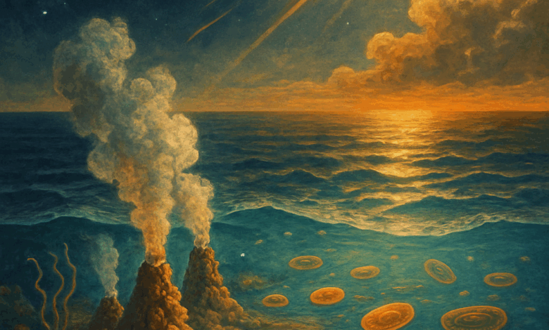 رسم رقمي تخيّلي يُجسّد اللحظات الأولى لنشأة الحياة على كوكب الأرض. تُظهر الصورة كوكب الأرض في مراحله البدائية، تغلّفه الغيوم البركانية وتغمره المحيطات البدائية، بينما تنبعث الحياة من الفتحات الحرارية في الأعماق. في الخلفية، تلوح الشمس بنورها الخافت، ويراقب القمر والمشتري من بعيد هذا الحدث الكوني الفريد.