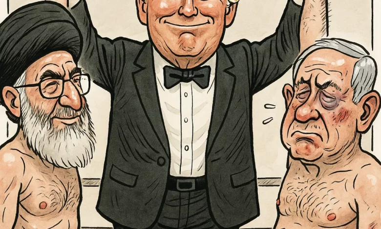 كاريكاتير يظهر مباراة ملاكمة حيث يقف ترامب في الوسط كحكم، ونتنياهو على اليمين يتلقى لكمات، وخامنئي على اليسار، وترامب يرفع يد كل منهما في مشهد ساخر.
