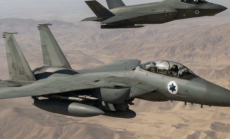 طائرات مقاتلة إسرائيلية من طراز F-35 تحلّق على ارتفاع شاهق فوق منطقة جبلية خلال مهمة جوية، في مشهد يوحي بالقوة والدقة التكنولوجية.