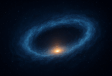 Artistic illustration of a massive water vapor cloud surrounding the quasar APM 08279+5255, 12 billion light-years away.