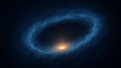 Artistic illustration of a massive water vapor cloud surrounding the quasar APM 08279+5255, 12 billion light-years away.