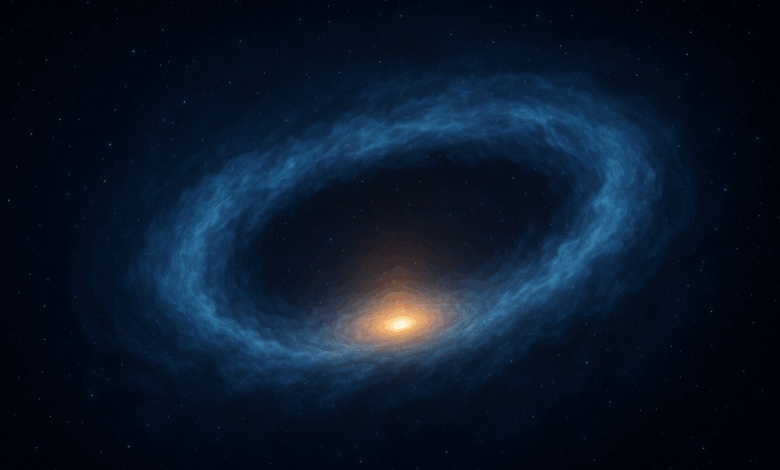 Artistic illustration of a massive water vapor cloud surrounding the quasar APM 08279+5255, 12 billion light-years away.