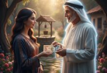 صورة تعبيرية لرجل مسن متوفى يبتسم بهدوء وهو يعطي فتاة عزباء نقوداً ورقية قديمة في حديقة هادئة، تمثل رؤية عطية الميت في المنام.