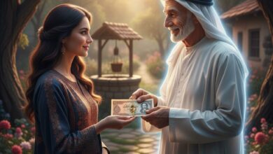 صورة تعبيرية لرجل مسن متوفى يبتسم بهدوء وهو يعطي فتاة عزباء نقوداً ورقية قديمة في حديقة هادئة، تمثل رؤية عطية الميت في المنام.