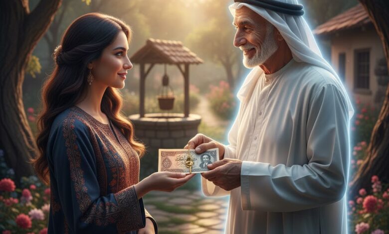 صورة تعبيرية لرجل مسن متوفى يبتسم بهدوء وهو يعطي فتاة عزباء نقوداً ورقية قديمة في حديقة هادئة، تمثل رؤية عطية الميت في المنام.